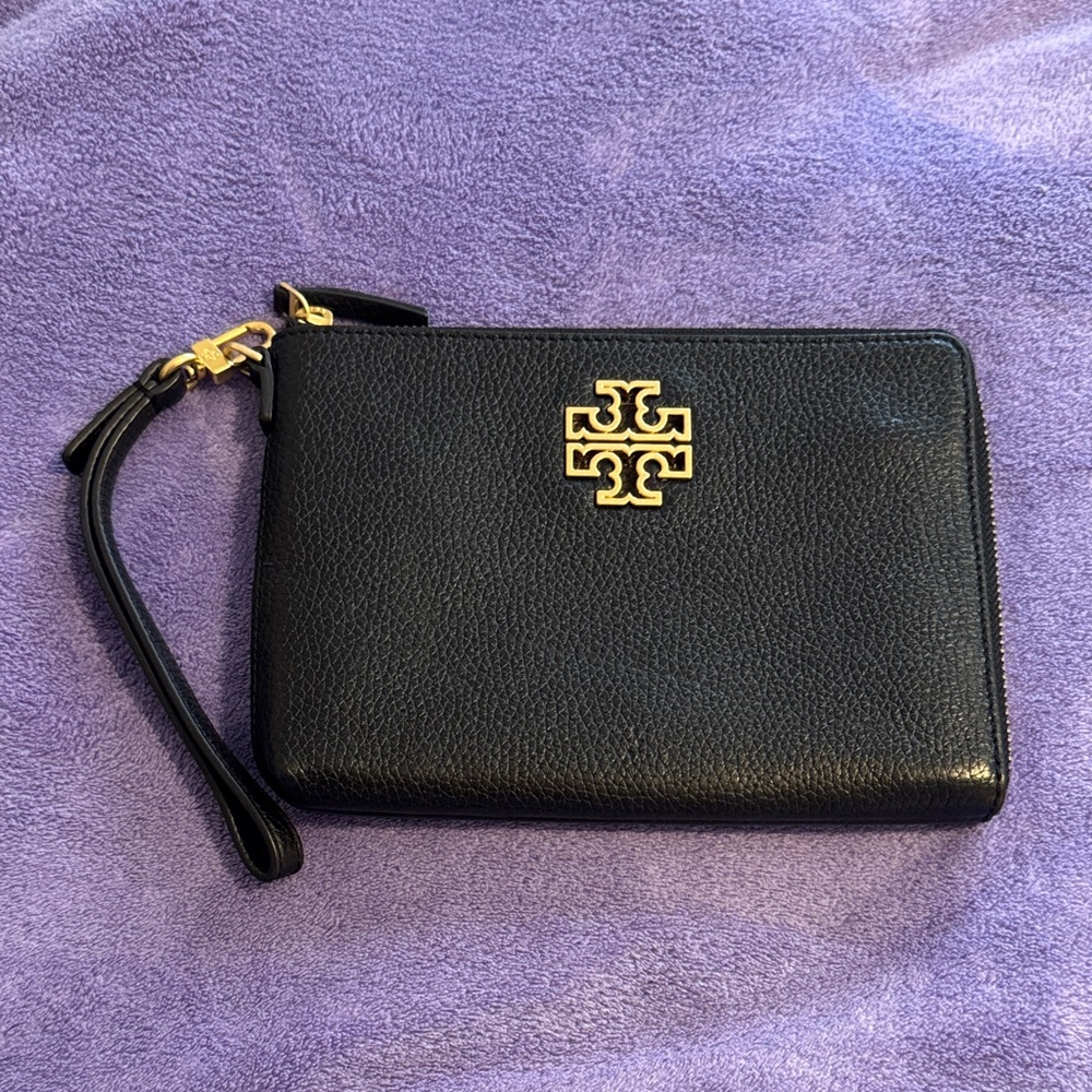 Tory Burch Britten Pouch Black Wristlet with Gold Logo